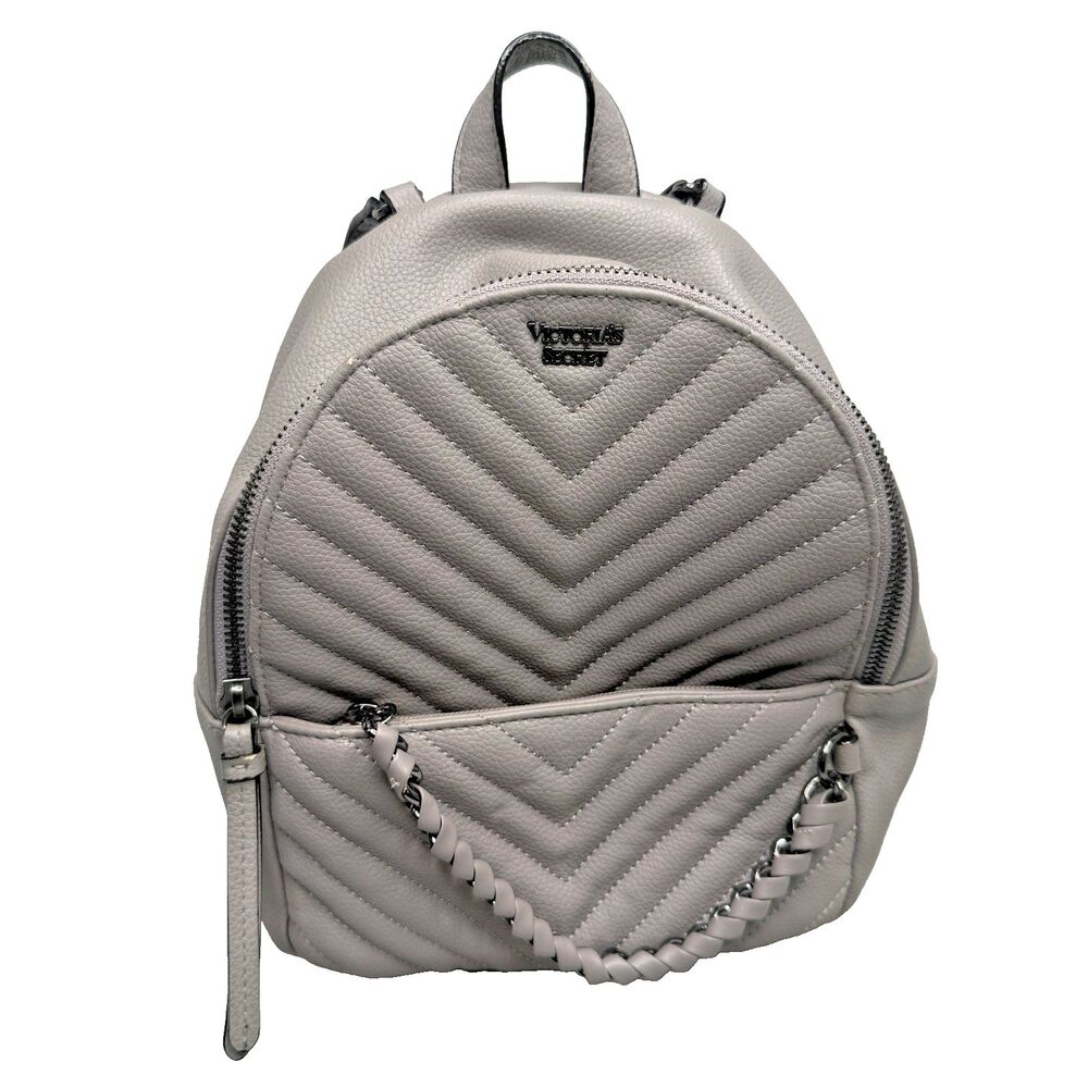 Victoria’s Secret Grey Quilted Mini Backpack Chain Accents 9"x8"x4" Faux Leather